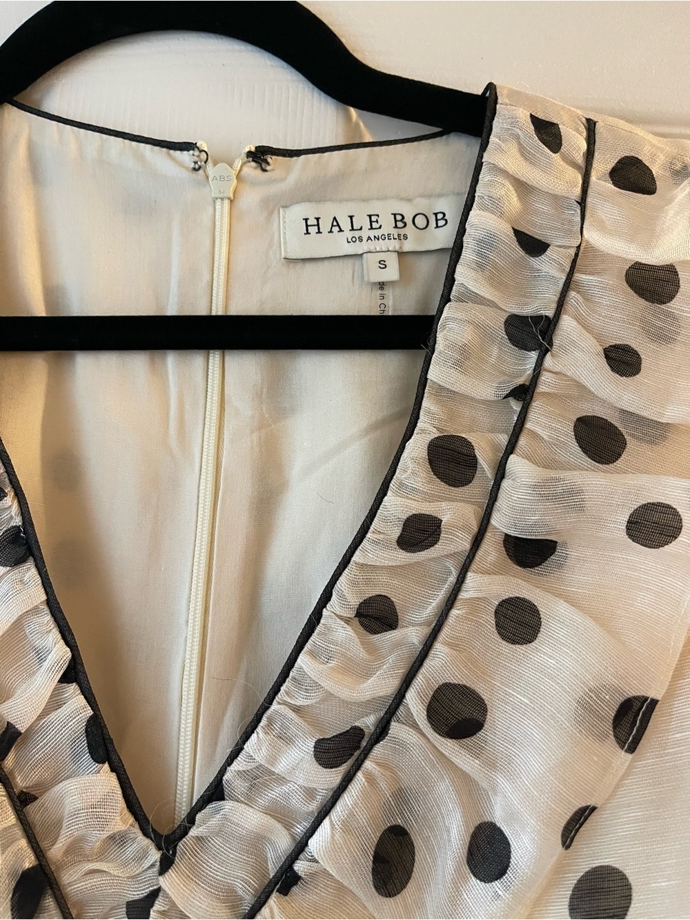 HALE BOB Aiyana Organza Maxi Dress Cream Polka Dot Ruffle with Black Trim Size S - Picture 9 of 12